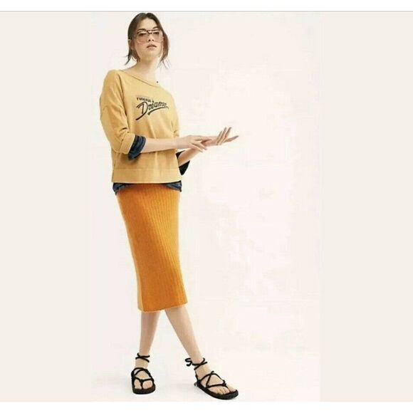 NEW FREE PEOPLE SKYLINE CASHMERE RIBBED SWEATER MIDI SKIRT MARIGOLD - Picture 1 of 4
